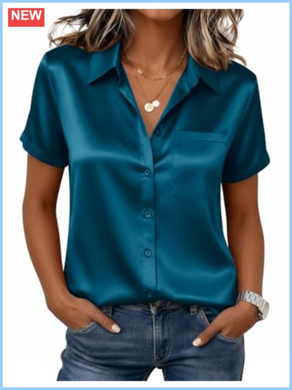 Satin Silk Button Down Short Sleeve Blouse Top for Women